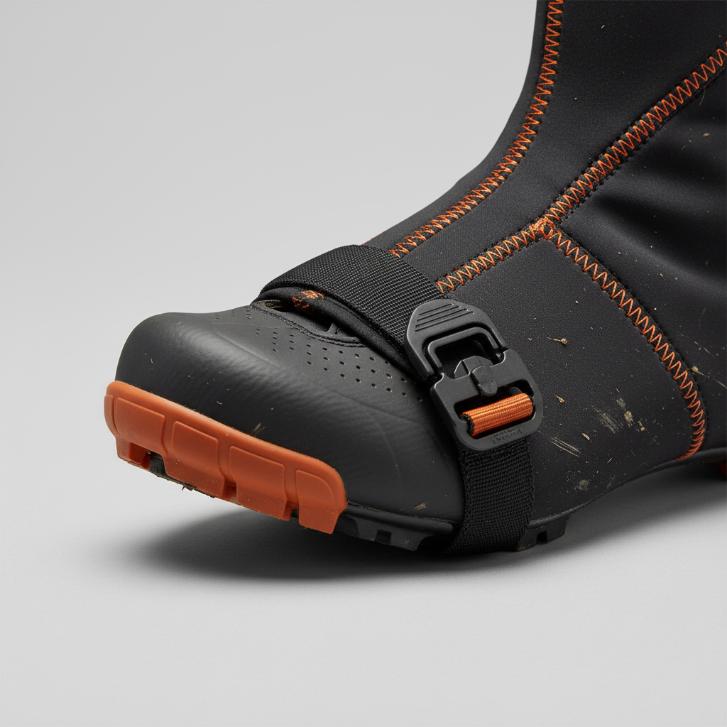 Close-up of cycling gaiter strap and reinforced seams for mud riding