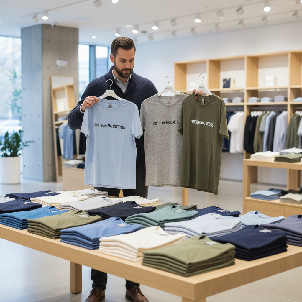 Men comparing T-shirt fabrics in a modern retail setting