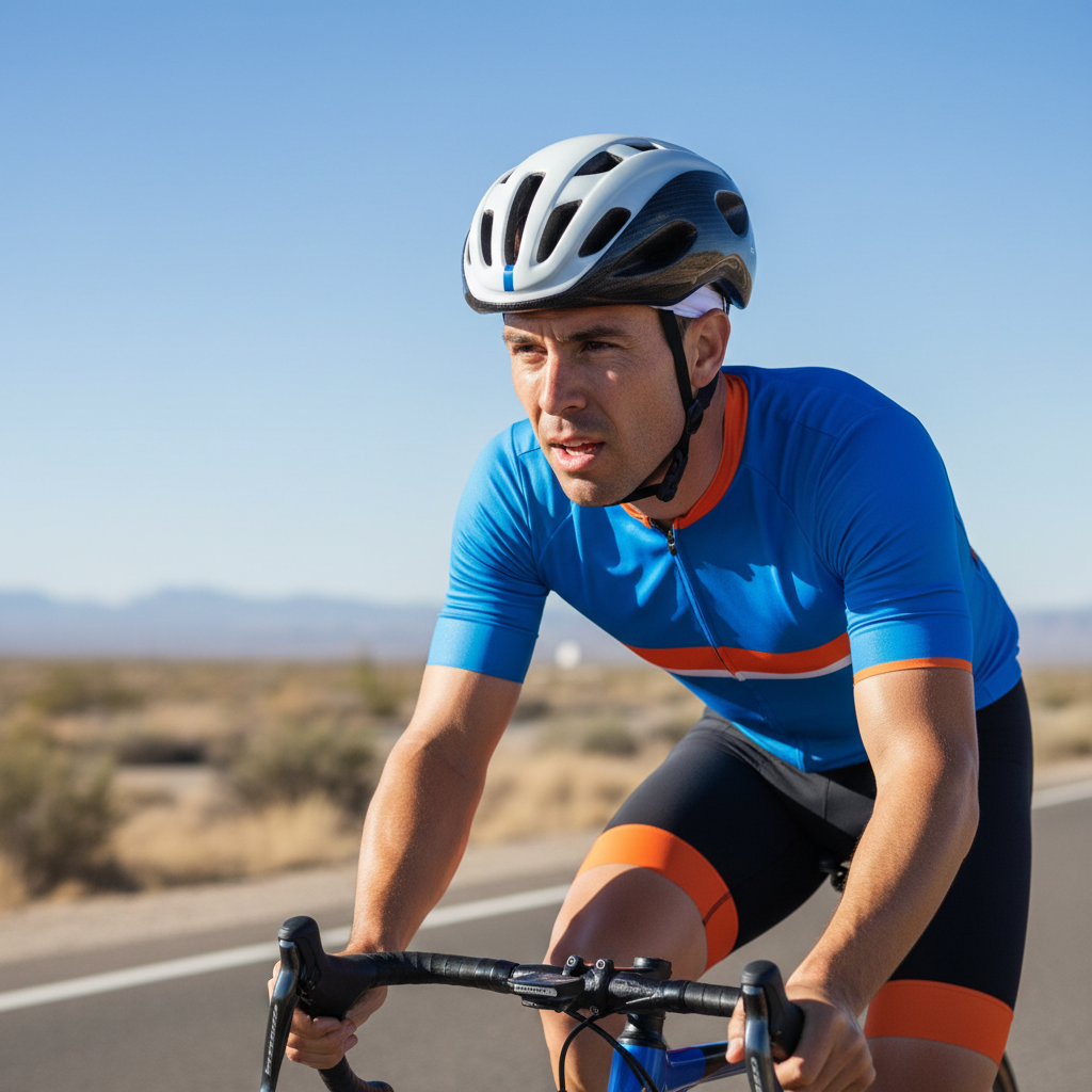 Cyclist wearing sun protective cap under helmet on a bright road