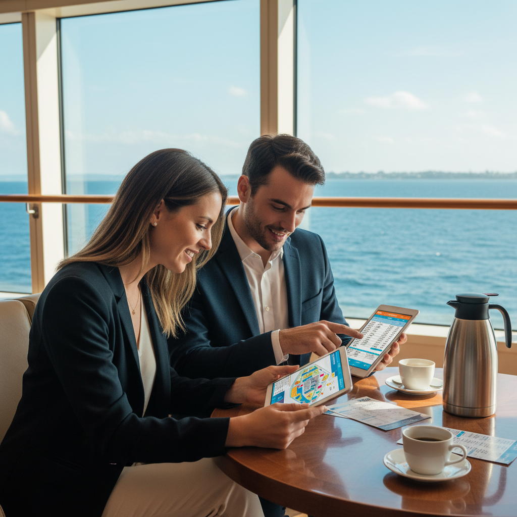 First time cruisers reviewing cruise ship deck plans and daily schedule