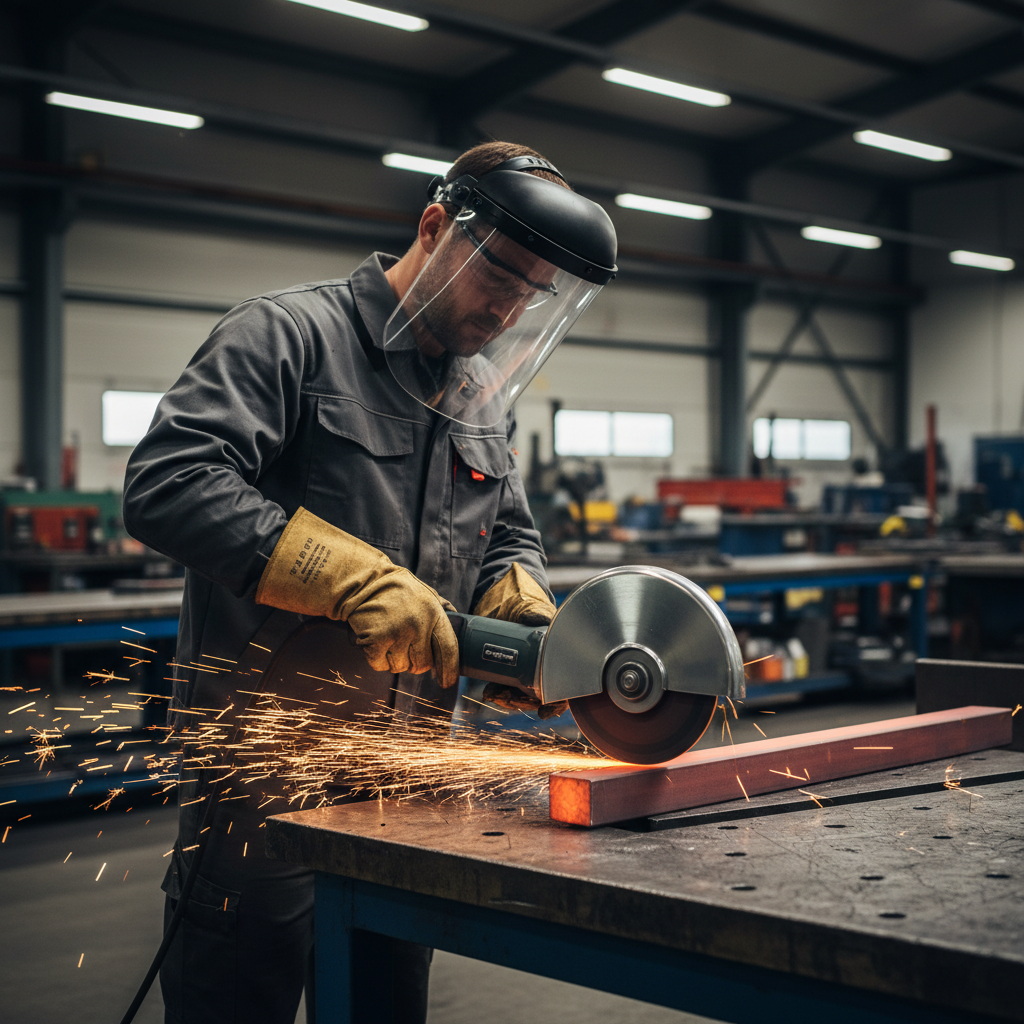 Angle grinder cutting steel with guard and cut-off wheel