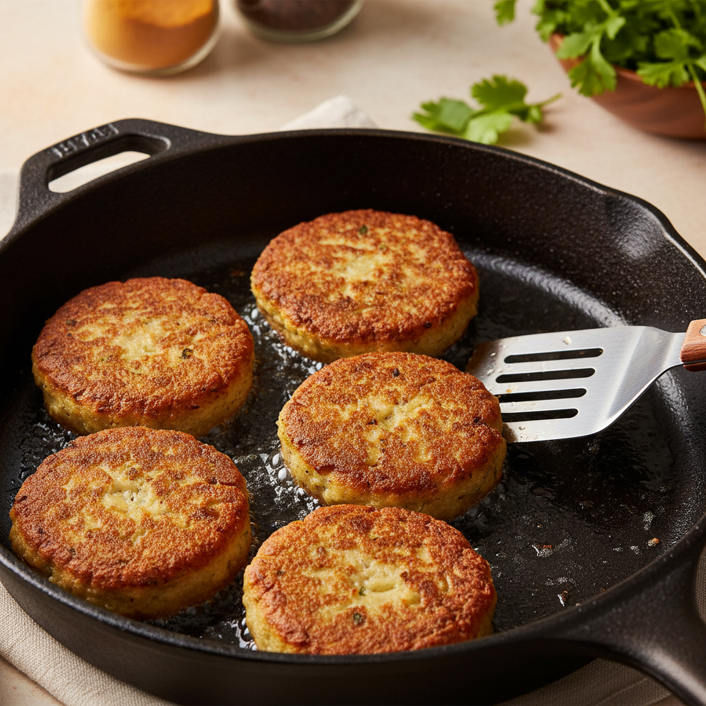 Aloo tikki frying in a skillet with a golden crust forming