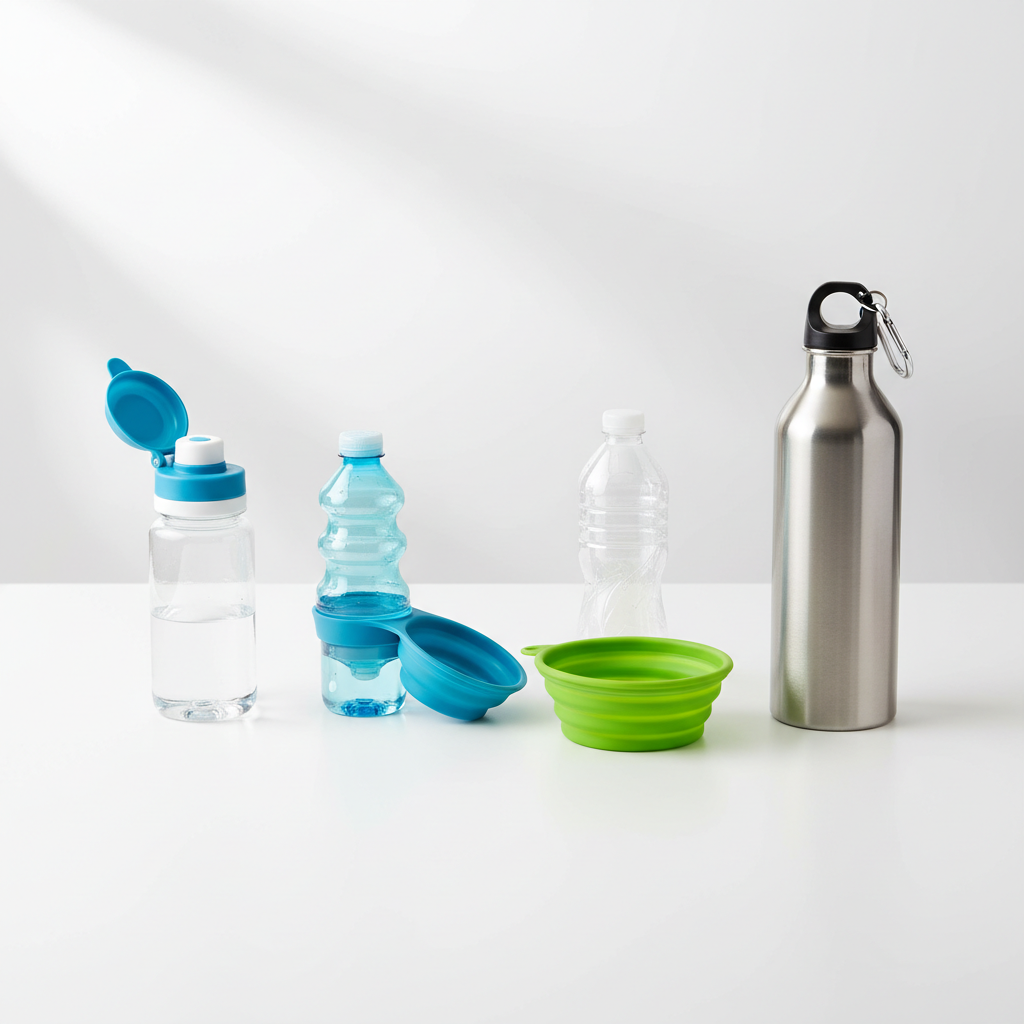 Comparison of different pet travel water bottle designs on a clean table
