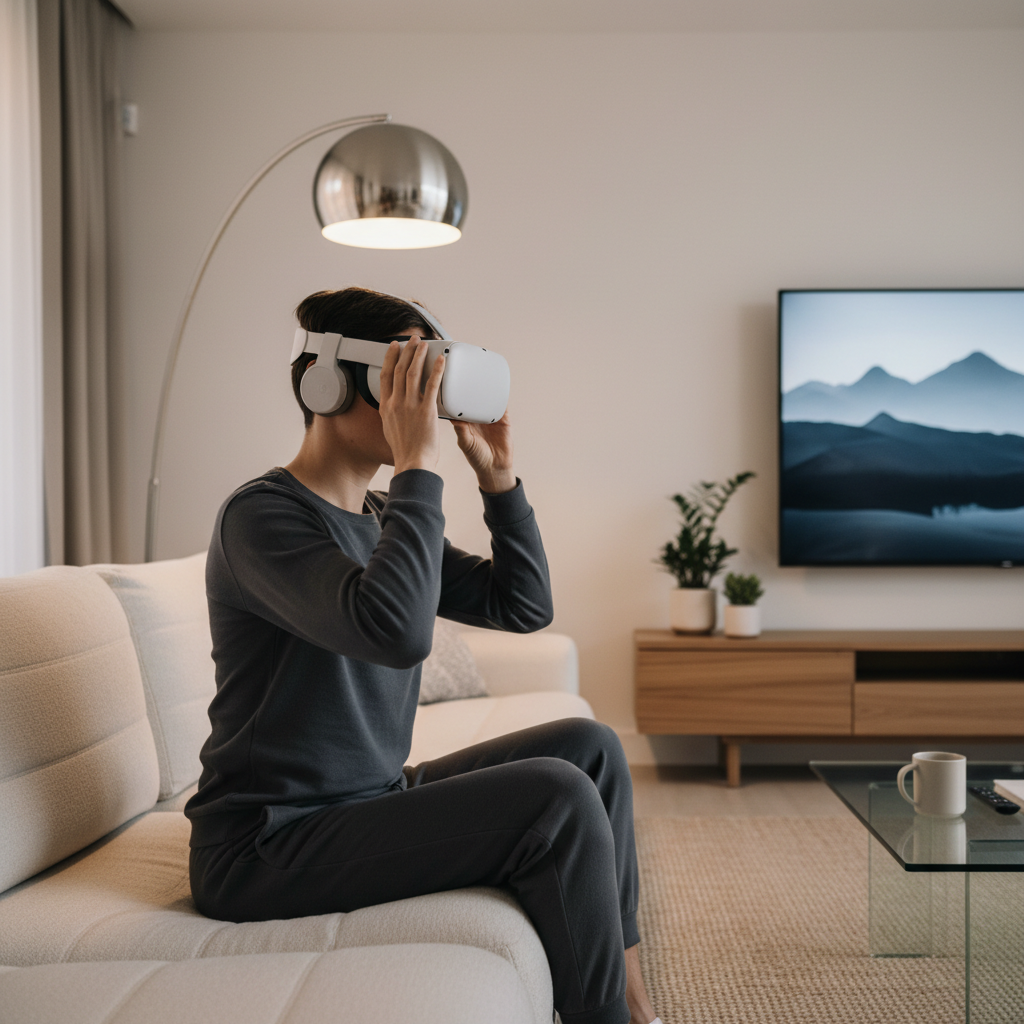 Comfort-focused VR viewing setup with headset fit adjustments and seated media watching posture