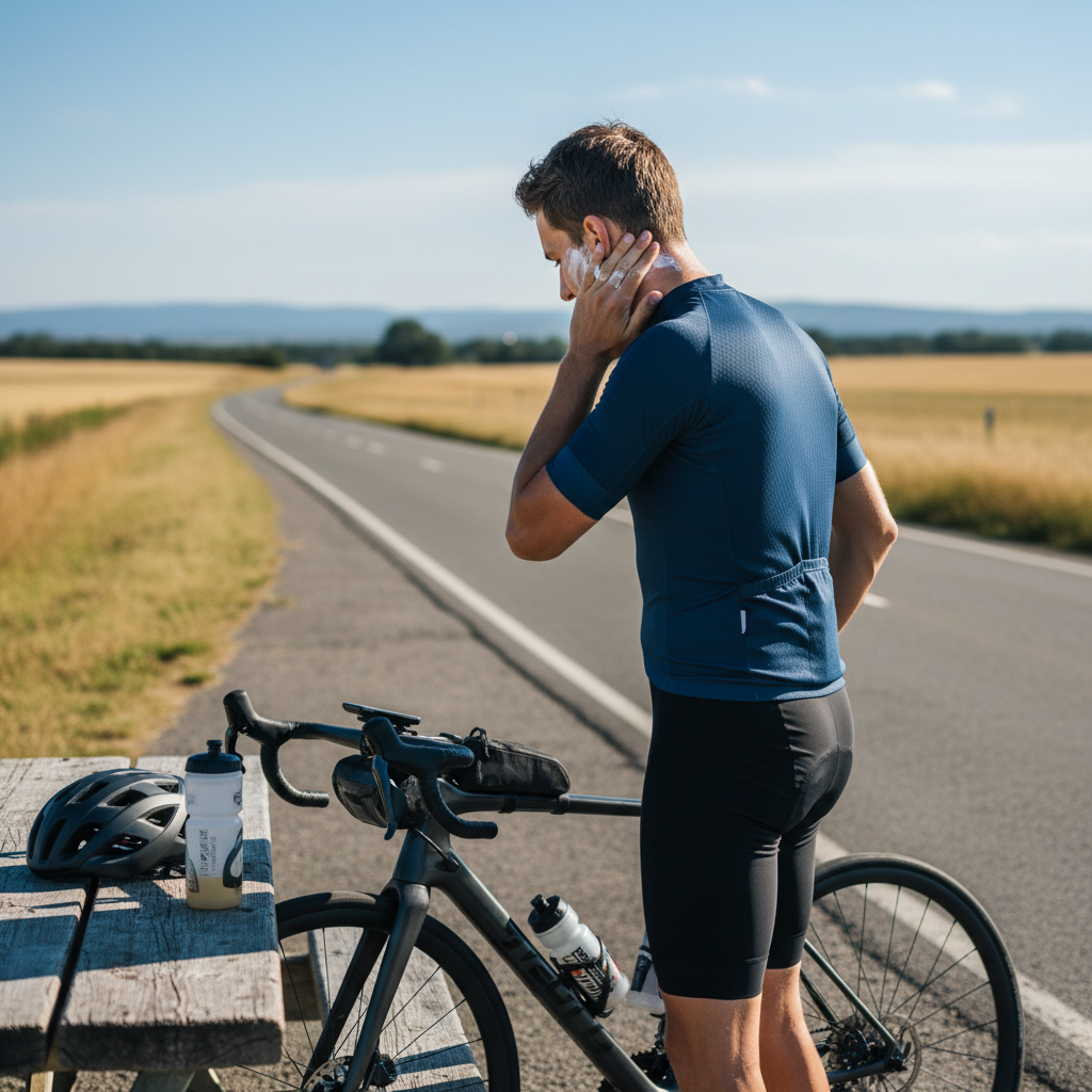 Cyclist reapplying sunscreen during a rest stop