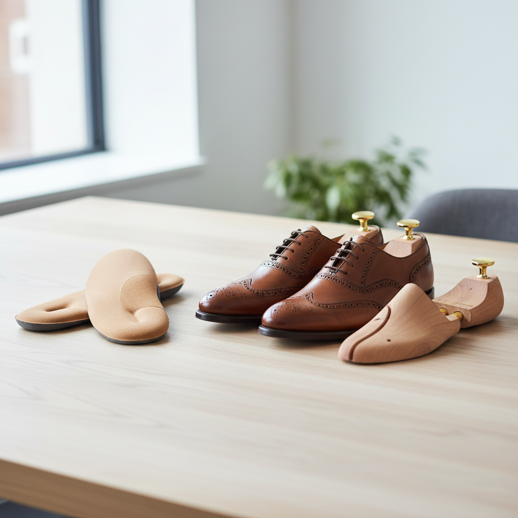 Dress shoes with premium insoles and shoe stretcher on a clean desk