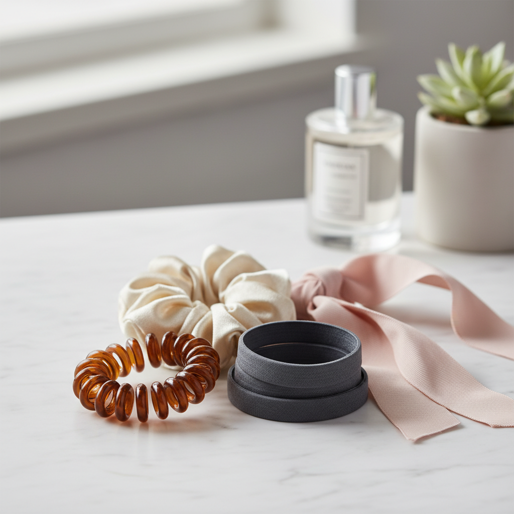 Different hair ties for thick hair compared on a vanity