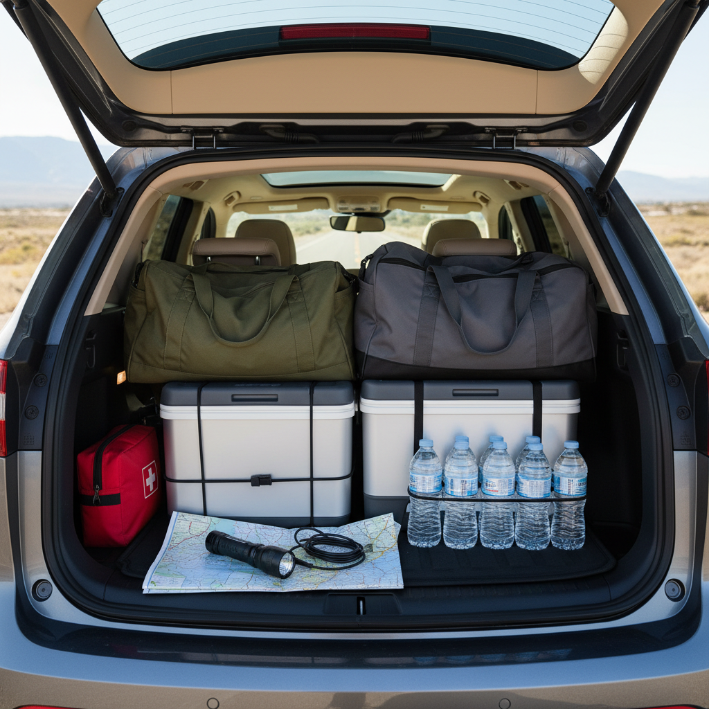 Cross country road trip essentials packed in car trunk with safety kit