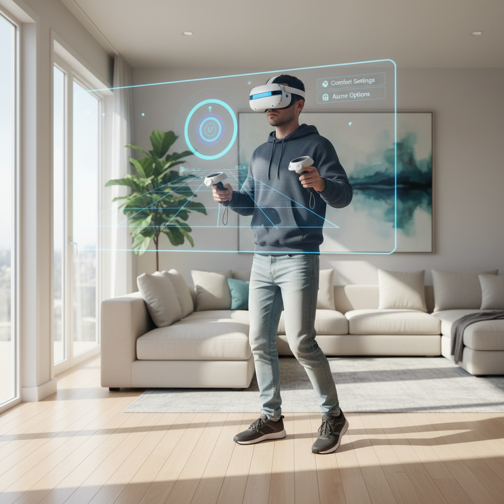 Comfortable VR gameplay using teleport movement in a bright living room