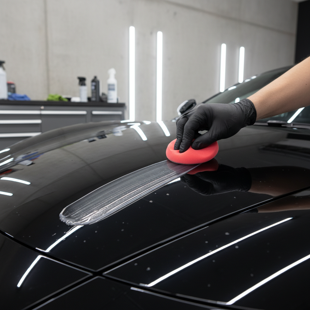 Car paint sealant being applied to a clean hood for long lasting protection