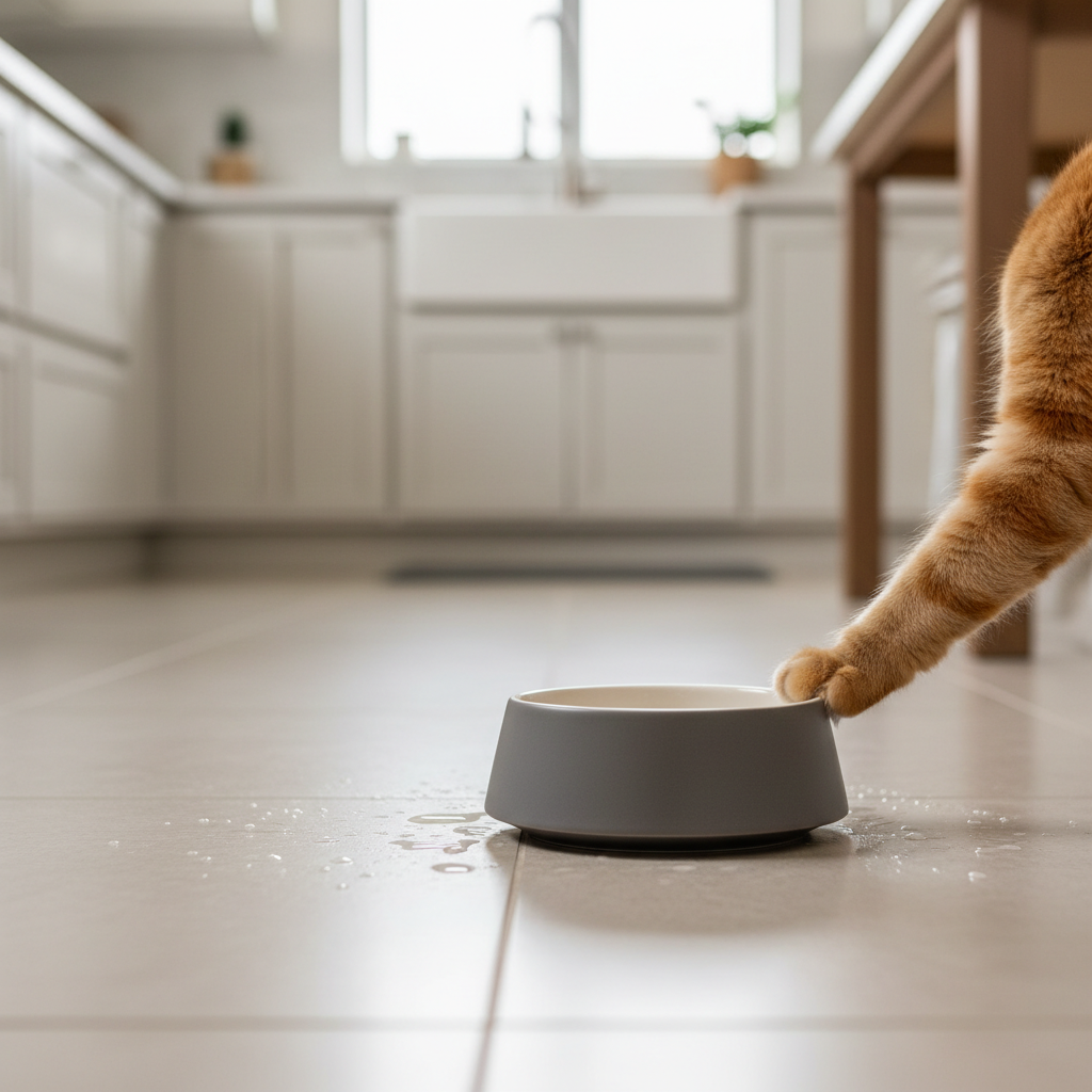 Non-slip cat water bowl on tile floor resisting sliding