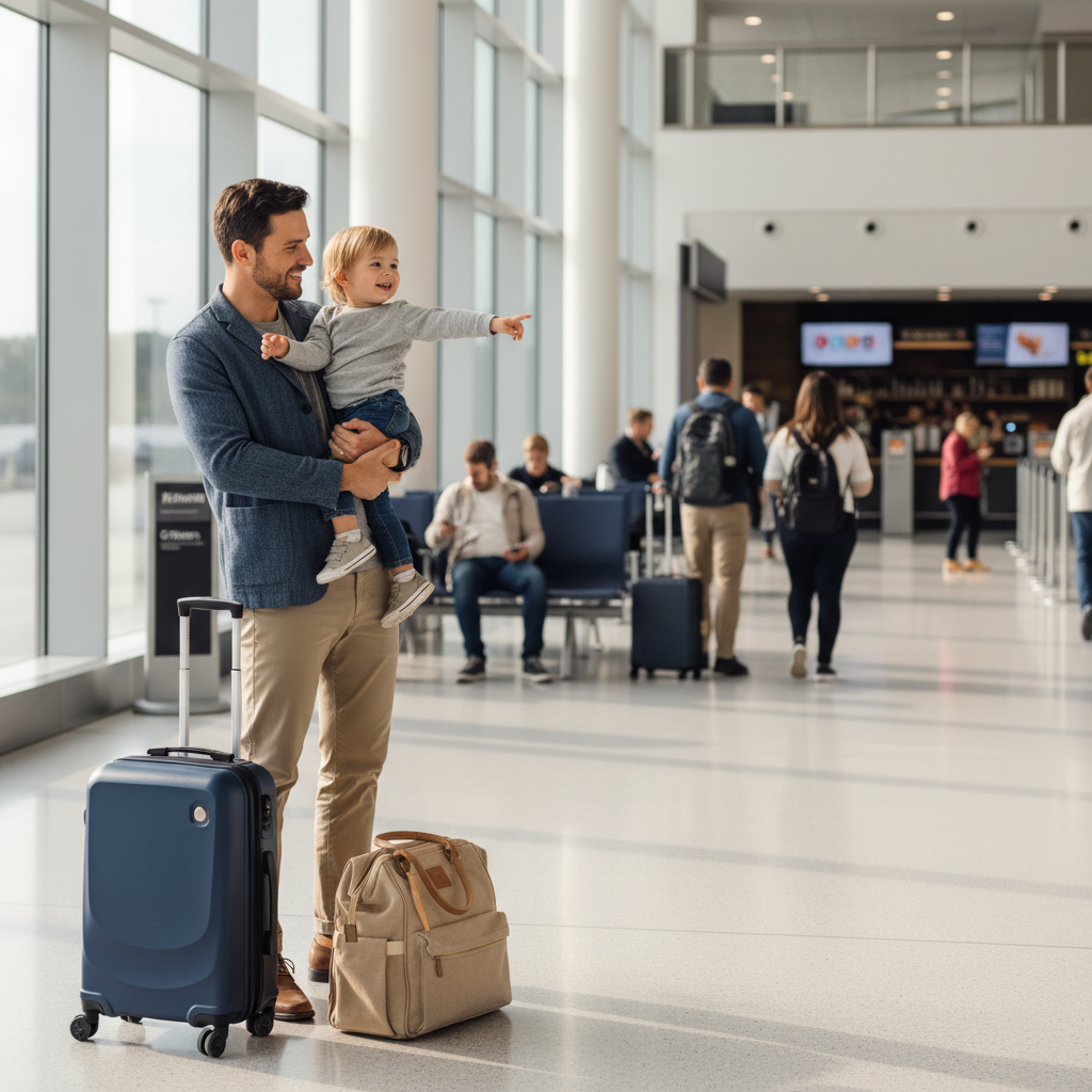 Parent holding a toddler in an airport terminal with carry-on bags