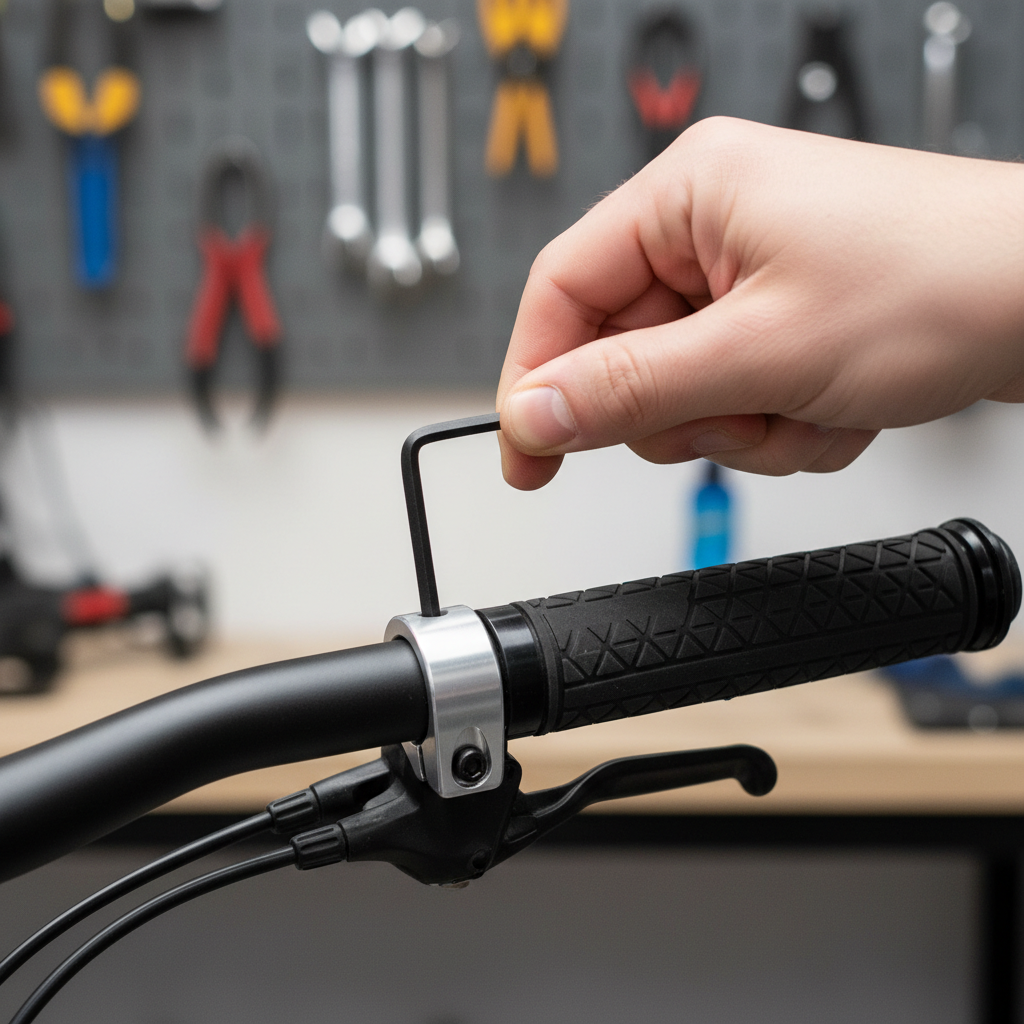 Close-up of a lock-on bike grip collar being loosened with a hex key