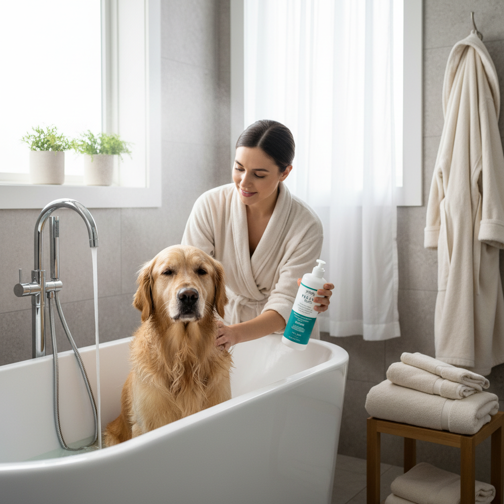 Gentle dog bath setup with hypoallergenic shampoo and lukewarm water