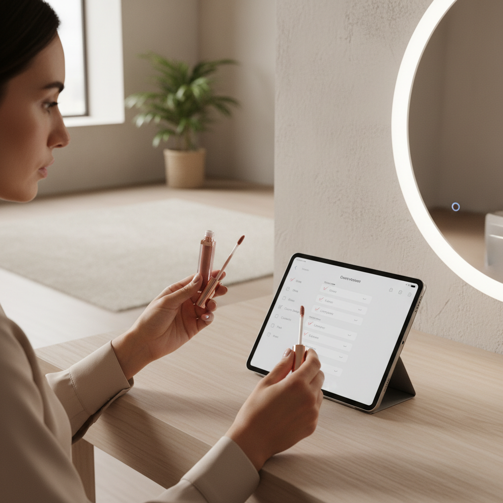 Person choosing lip gloss based on finish, comfort, and wear time checklist