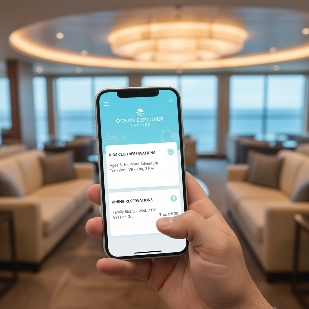 Parent reviewing cruise app reservations for kids club and dining