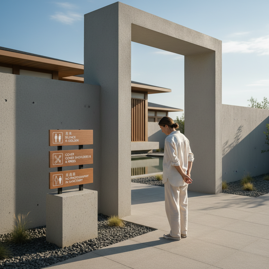 Tourist reading cultural etiquette signs at a temple entrance