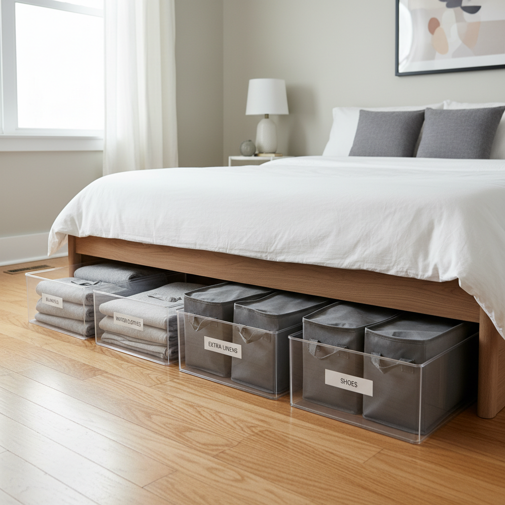 Organized under bed storage with labeled bins and fabric bags in a small bedroom