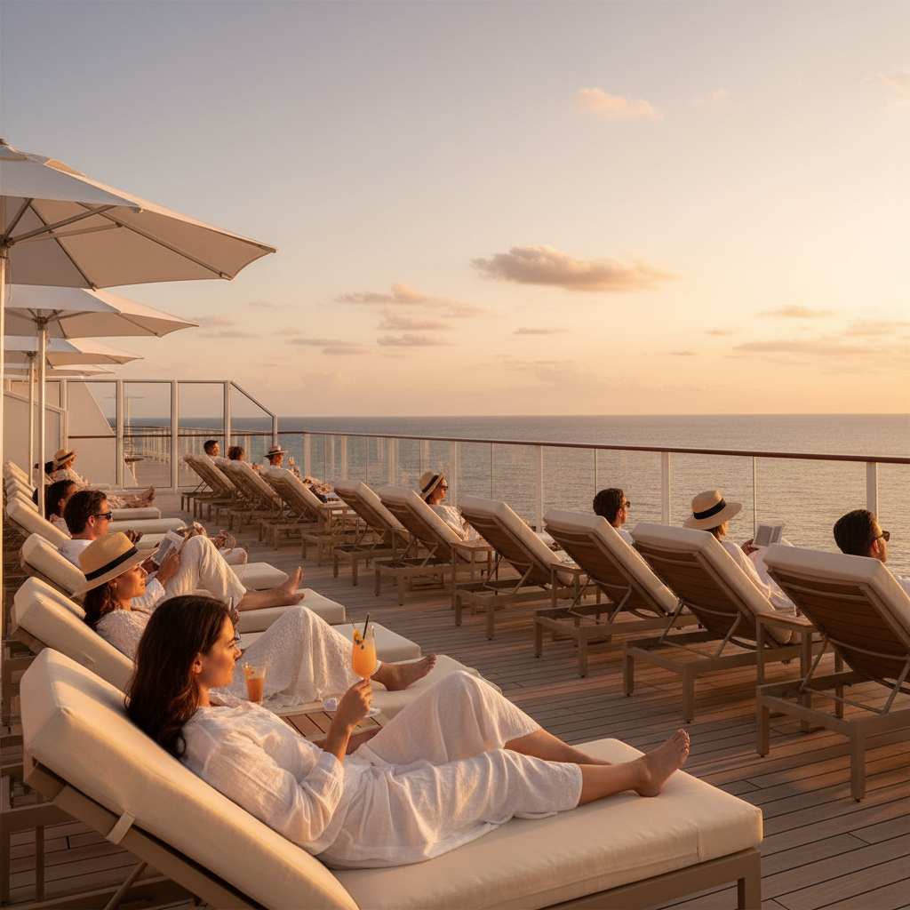 Cruise ship deck with guests relaxing and a calm premium vibe