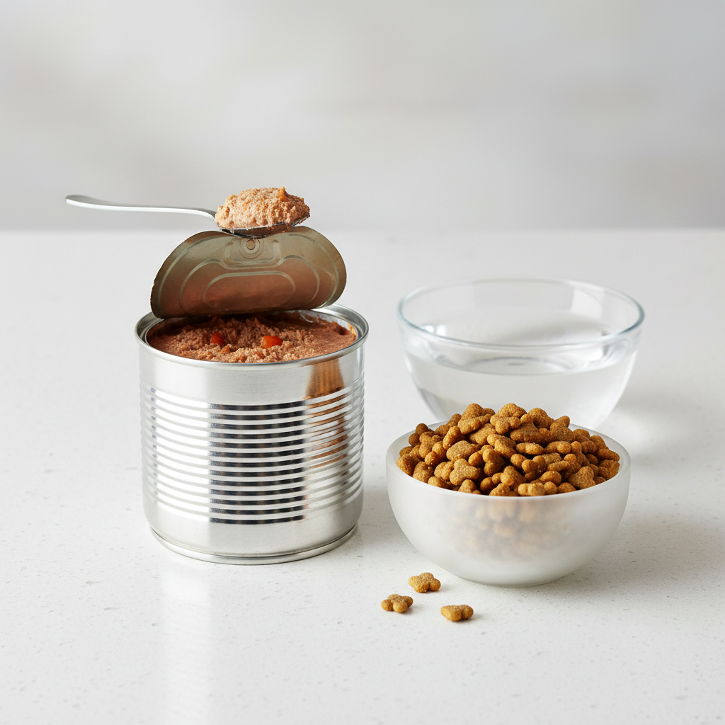 Wet and dry kitten food comparison on a countertop