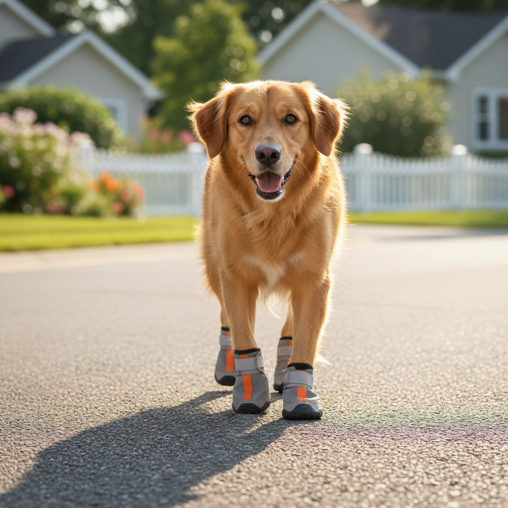 Dog wearing protective boots on hot pavement during a summer walk