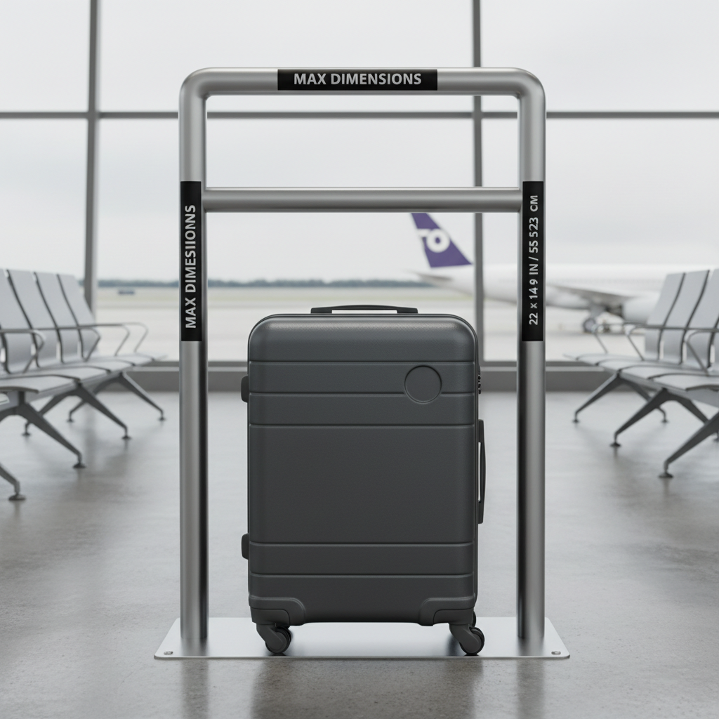 Carry-on suitcase next to airline size sizer showing fit and dimensions