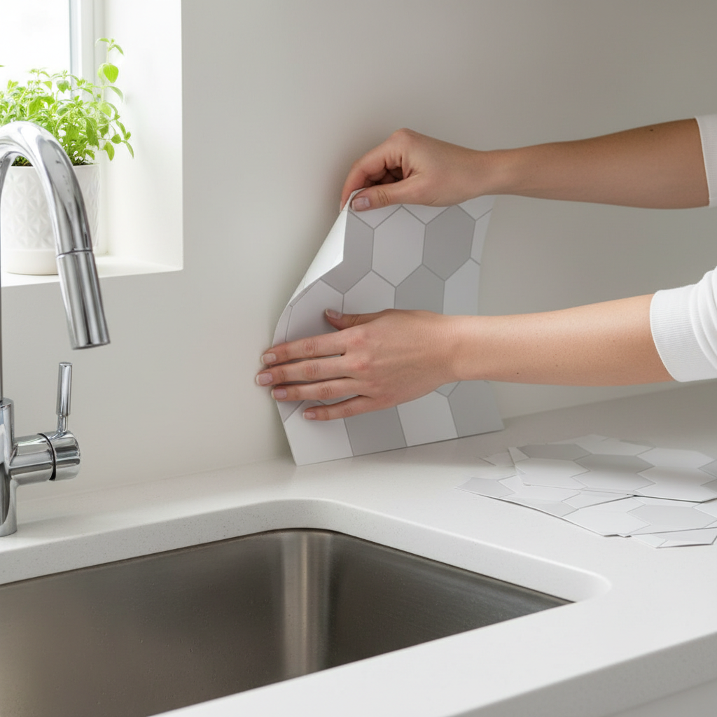 Hands applying peel-and-stick backsplash tile in a small rental kitchen near the sink