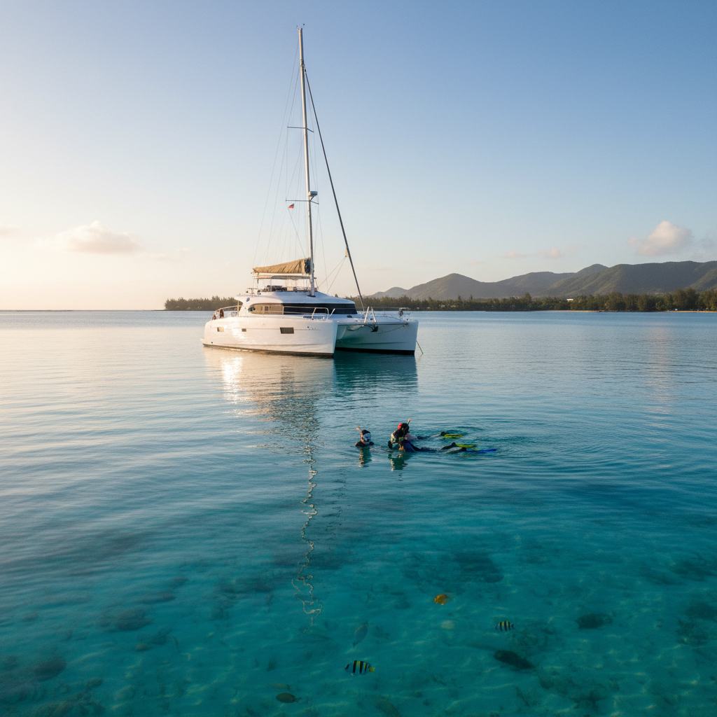 Mauritius catamaran and snorkeling day trip in a calm turquoise lagoon