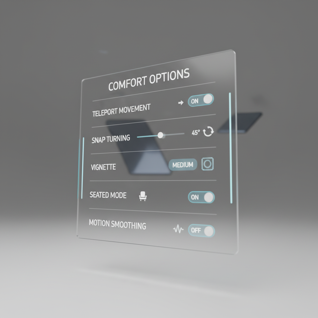 VR comfort settings menu showing teleport and snap turn options