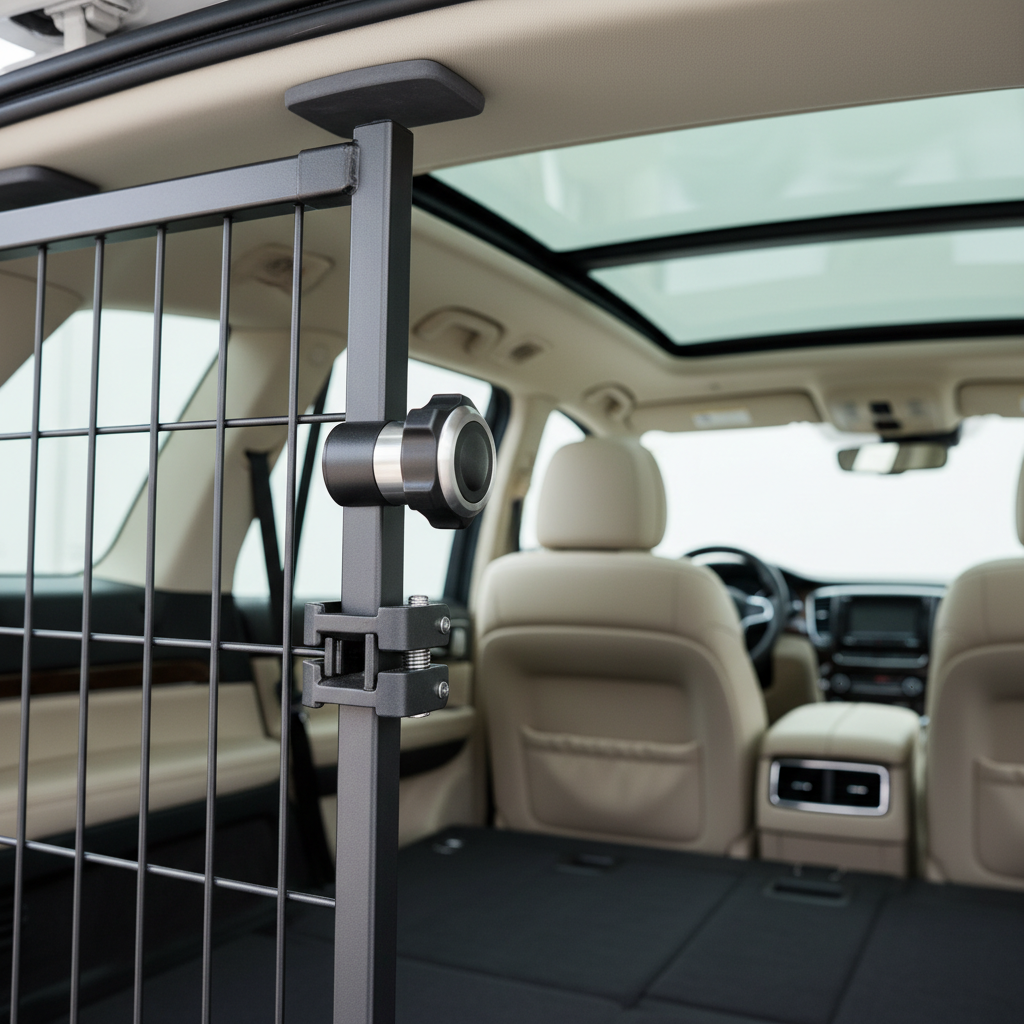 Close-up of metal pet barrier clamps and adjustable tension knobs in an SUV