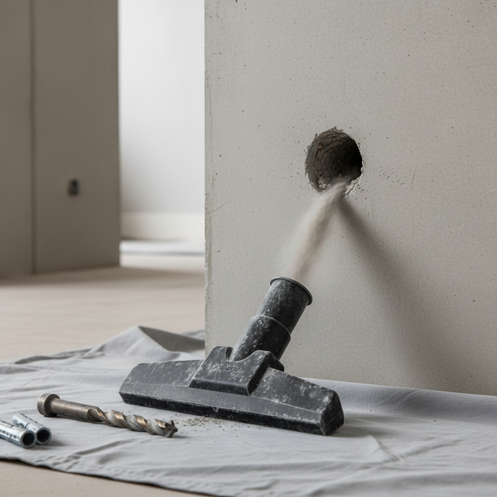 Close-up of drilled concrete hole with vacuum nozzle removing dust