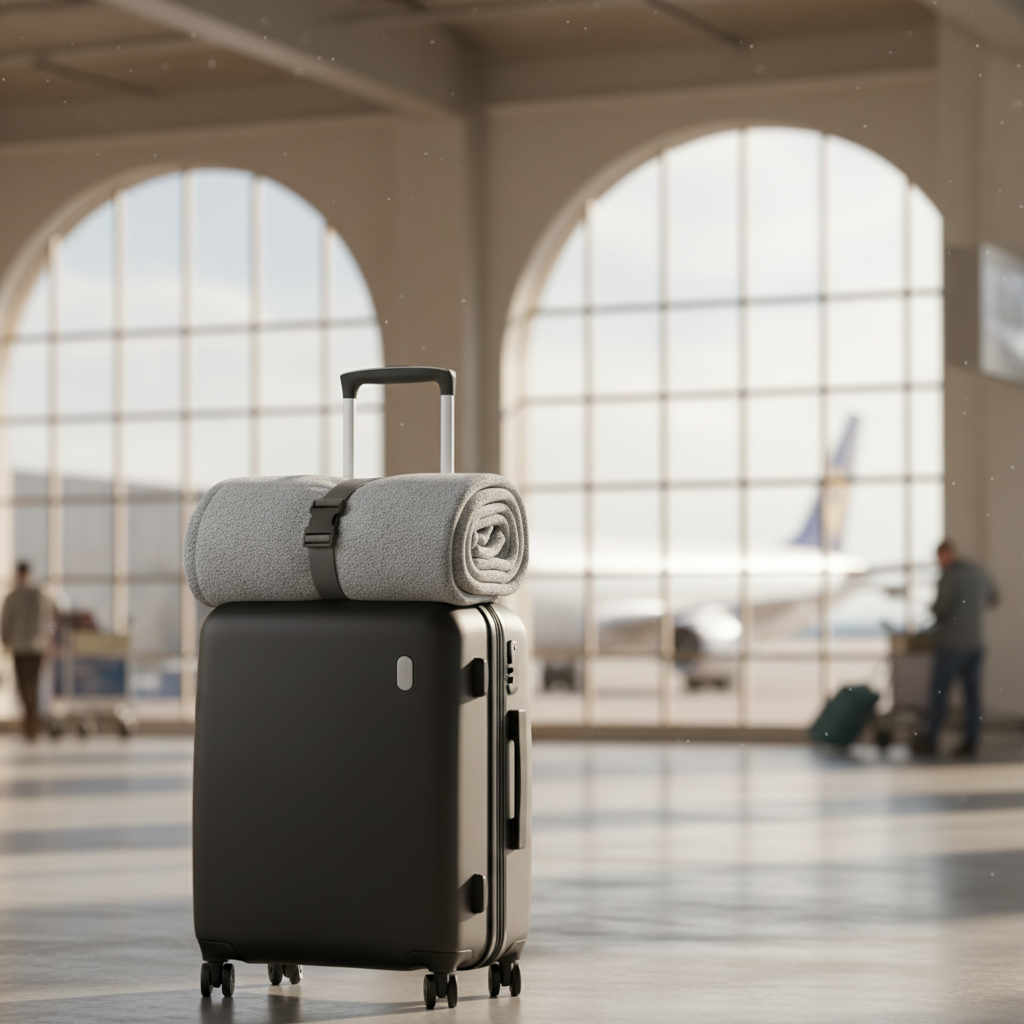 Compact travel blanket clipped to a carry-on for airplane use