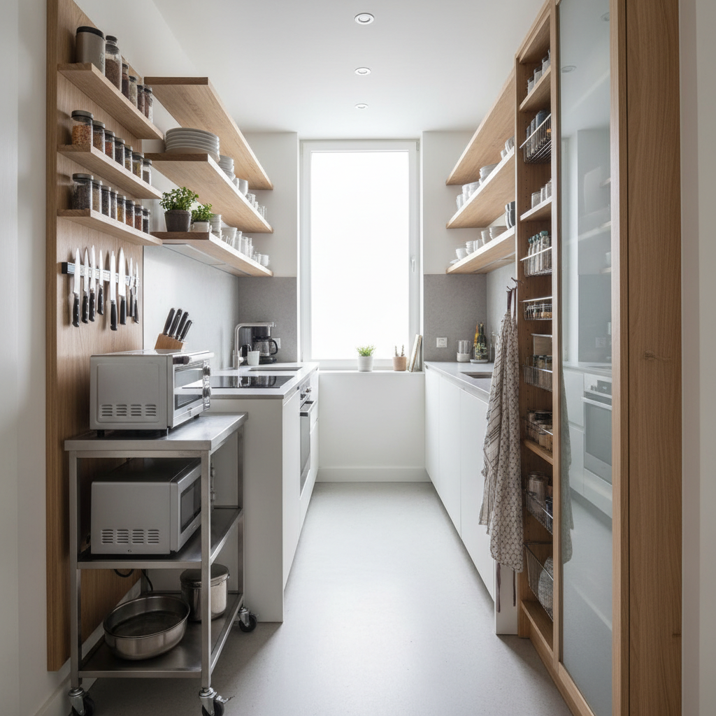 Small kitchen storage setup with a rolling cart and vertical shelves for appliances
