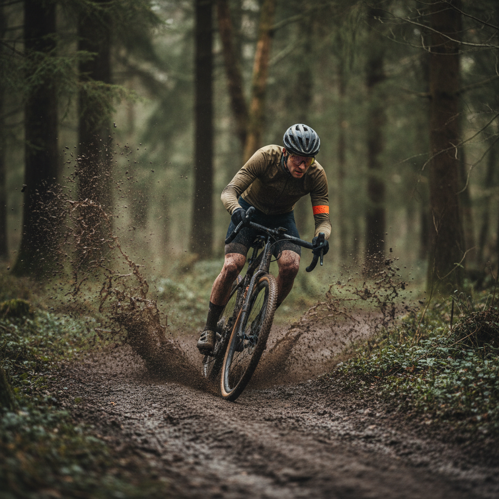 Cyclist riding through muddy trail with visible tire spray pattern