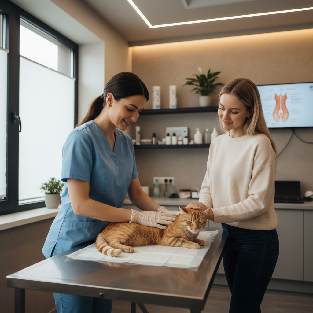 Veterinarian examining a cat for constipation and abdominal discomfort