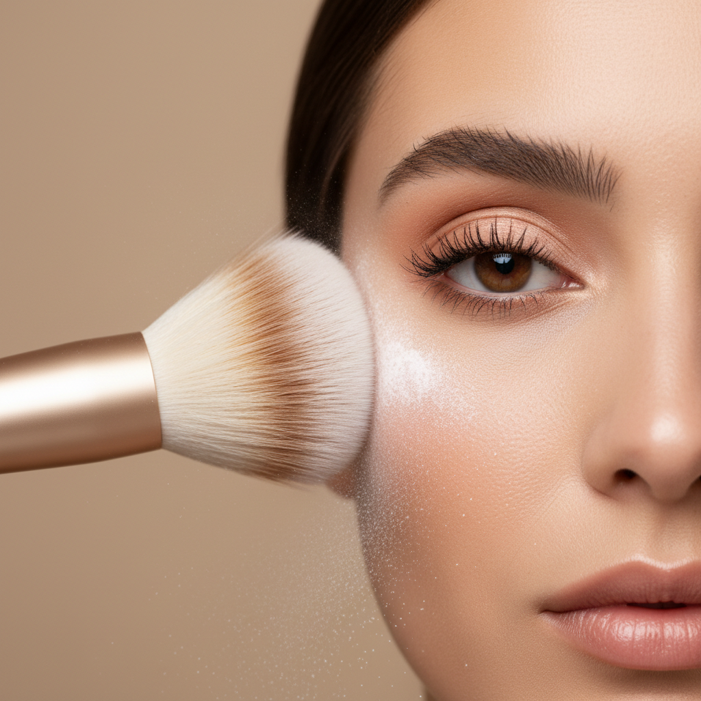 Blending off baked setting powder with fluffy brush for a natural finish