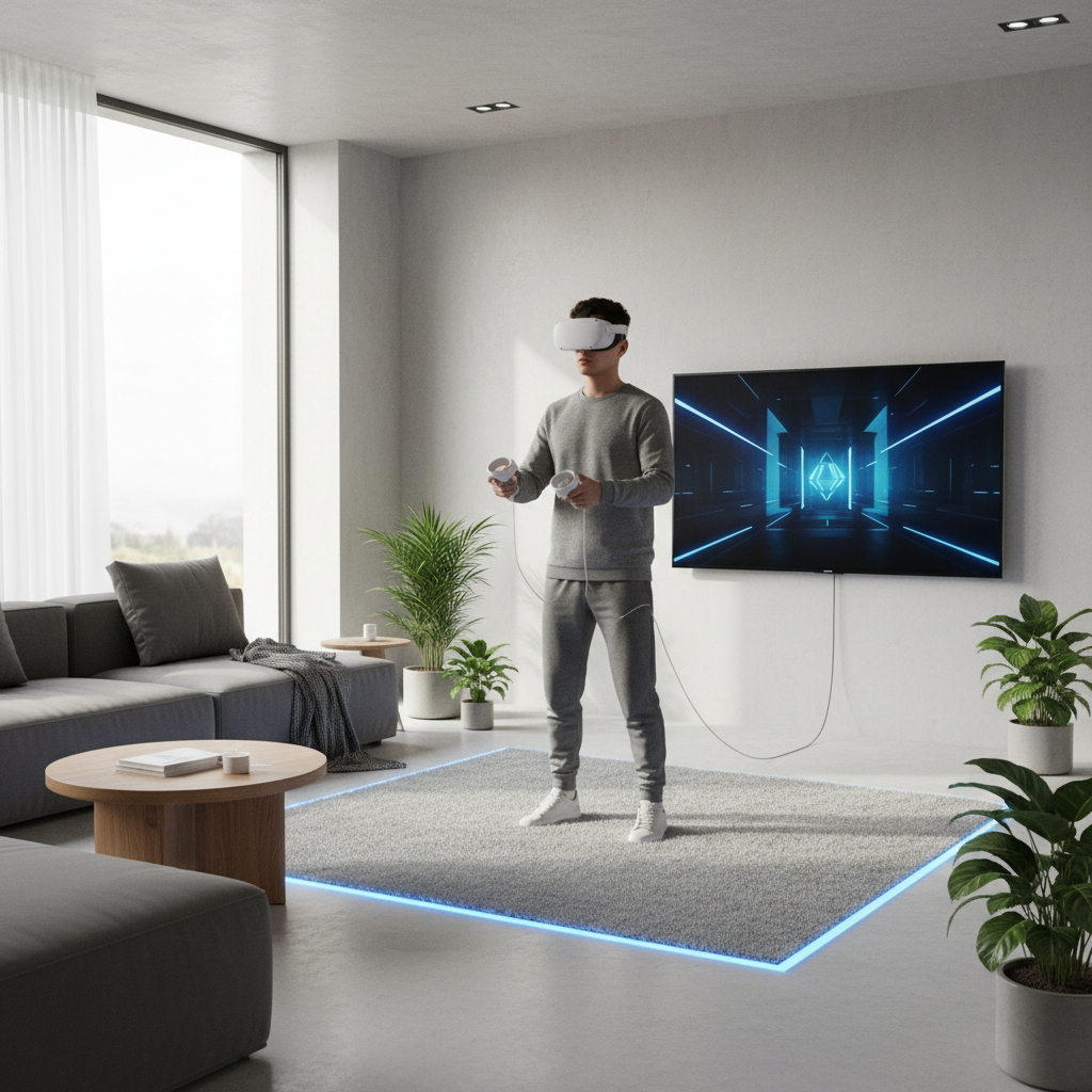 Player enjoying a standing VR game in a clear play space