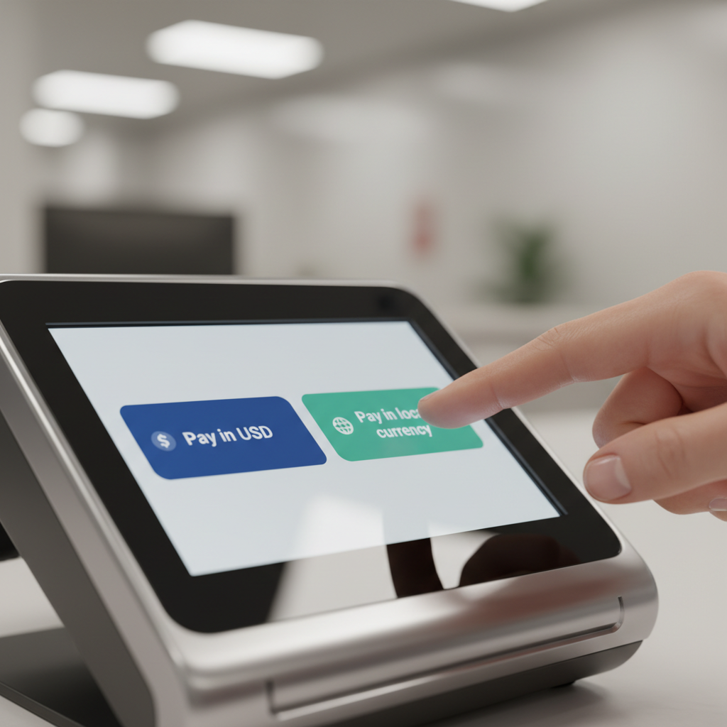 Point-of-sale screen offering pay in USD vs local currency abroad