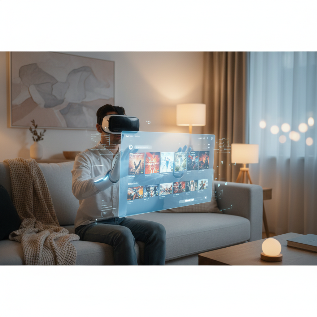 VR gamer browsing upcoming 2026 VR game releases on a headset storefront