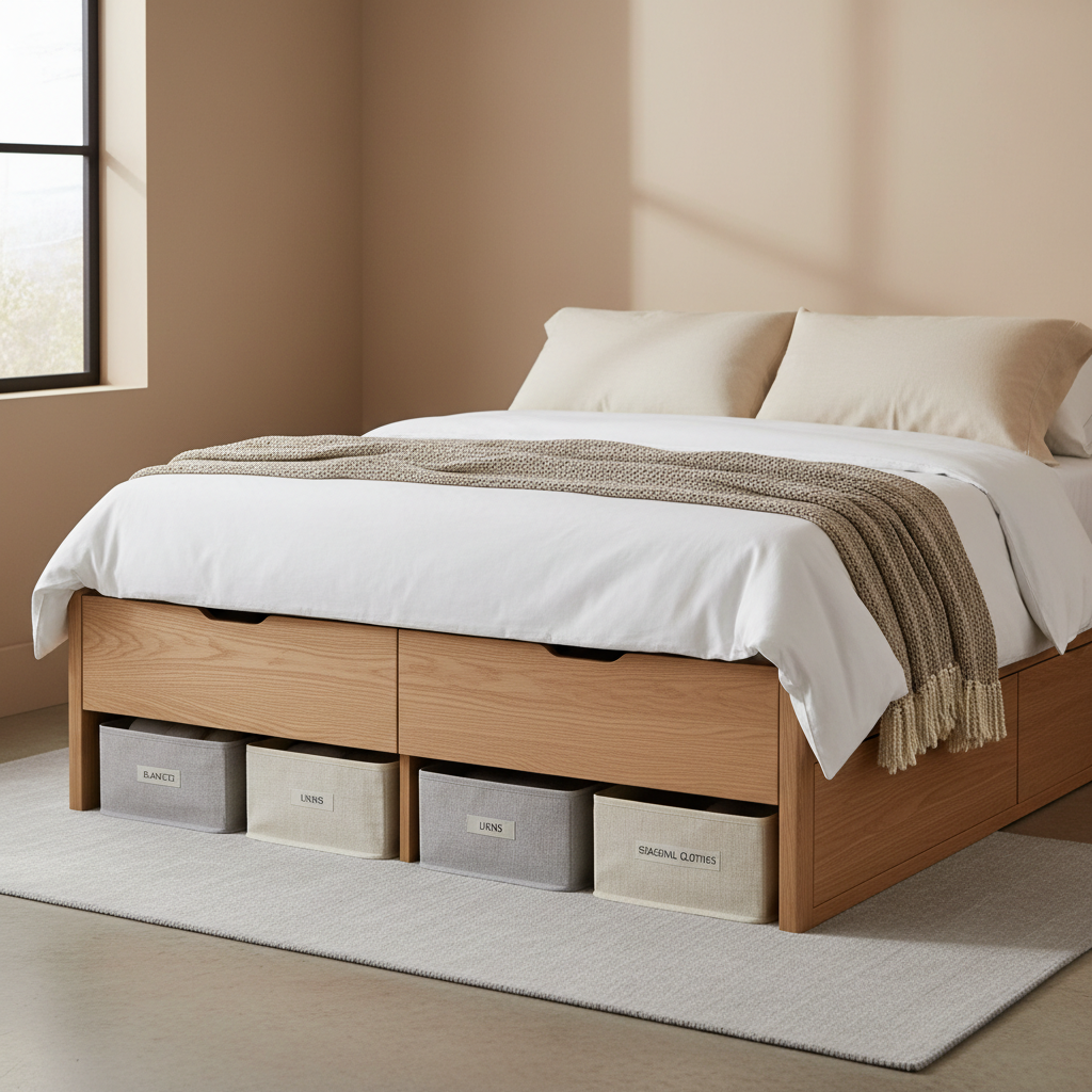 Under-bed storage drawers and low-profile bins for a small bedroom