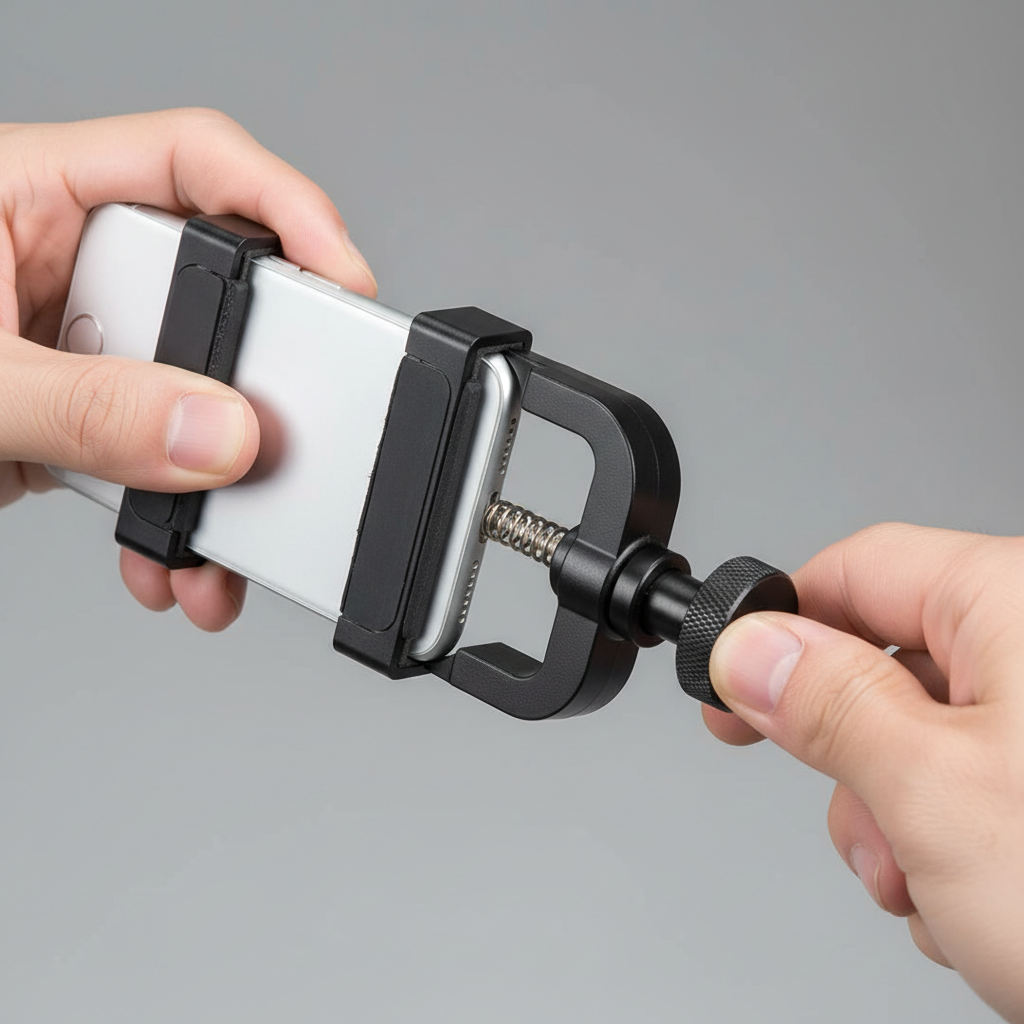 Close-up of a phone clamp tightened on a travel tripod for safer shooting