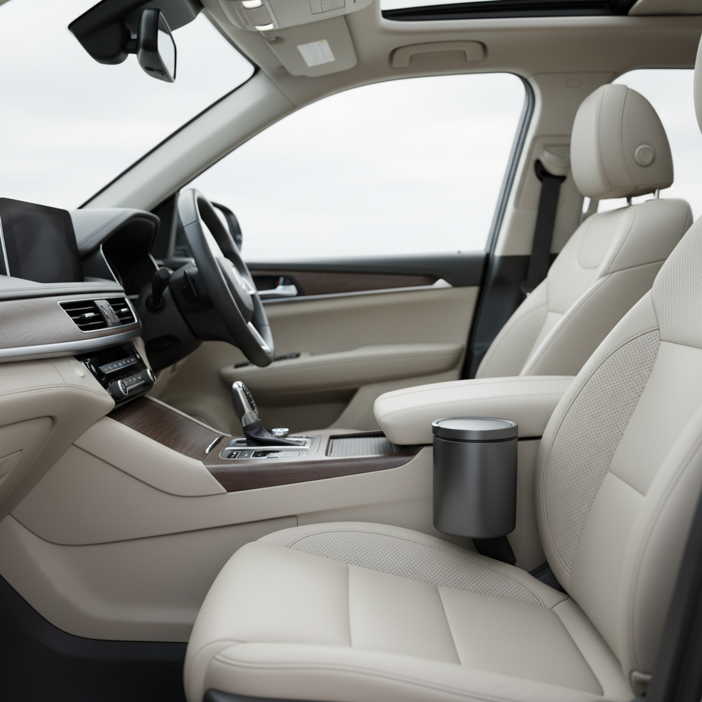 Car interior with a lidded trash can mounted near center console