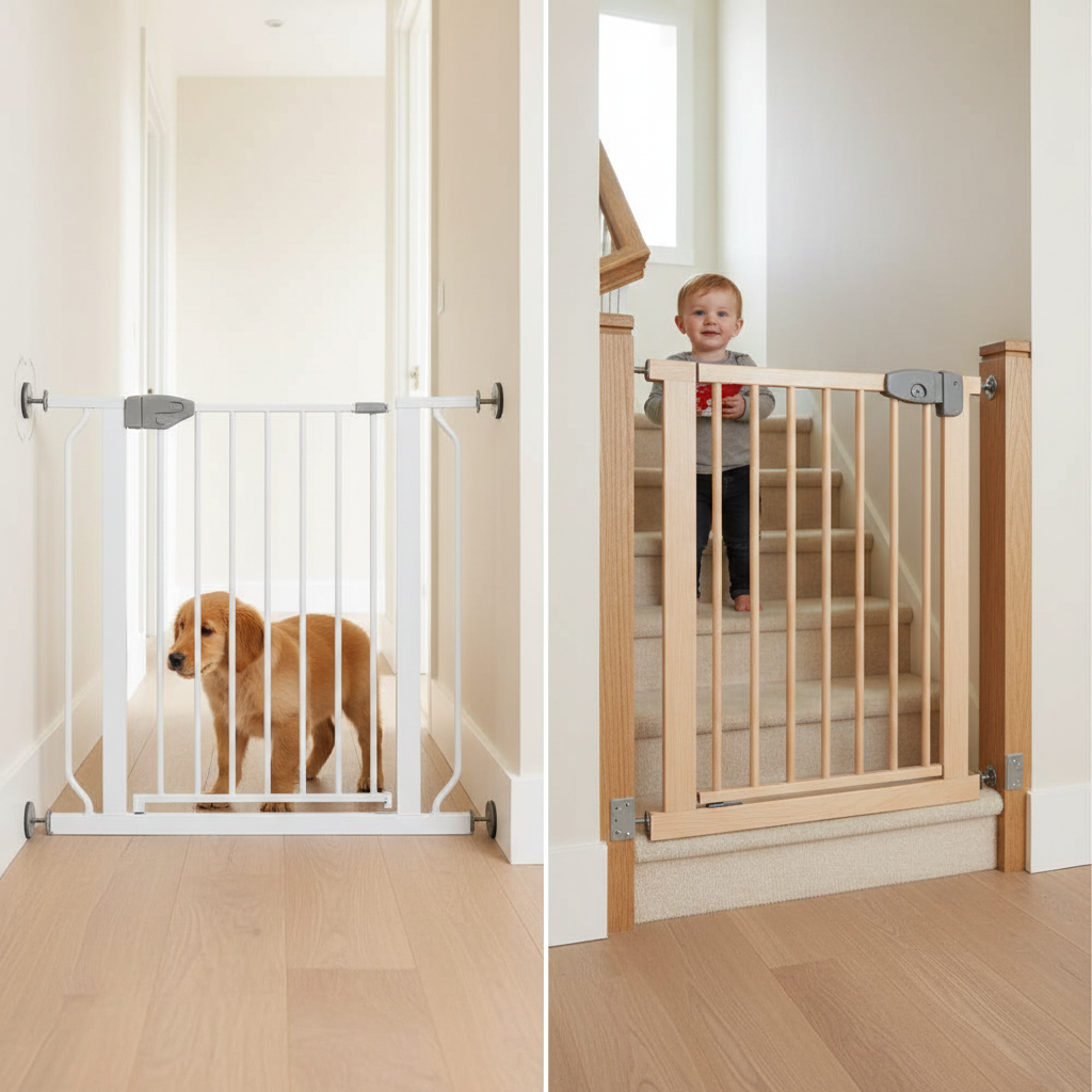 Comparison of pressure-mounted vs hardware-mounted pet gates in a hallway