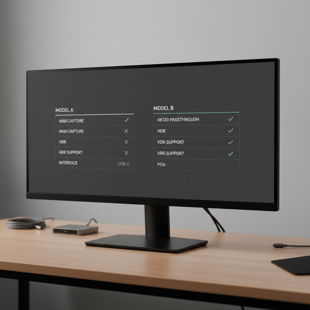 Comparison chart of VR capture card specs like 4K60, HDR, VRR and passthrough