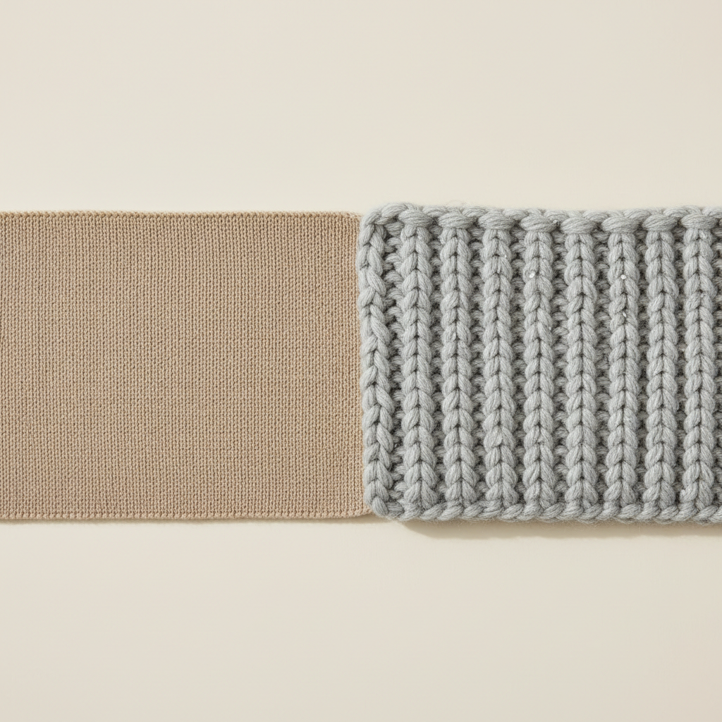 Close-up of knit textures showing fine-gauge vs chunky rib sweater fabric