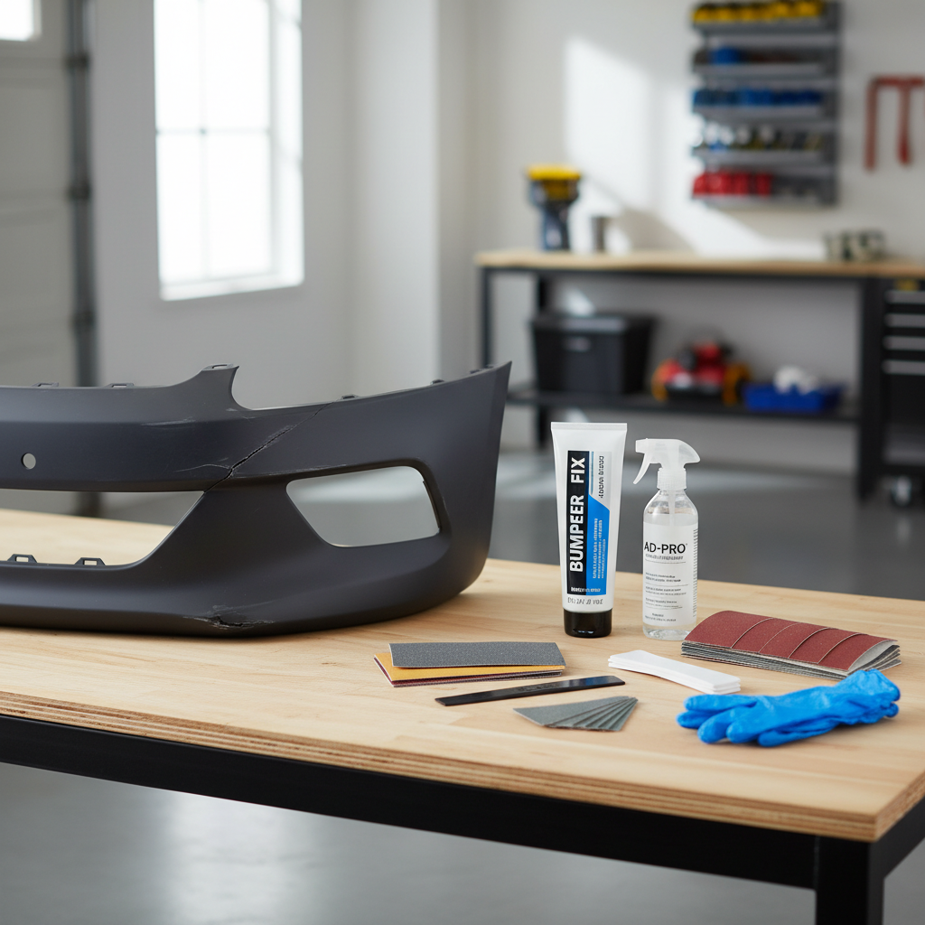 DIY car bumper repair kit tools laid out with plastic bumper