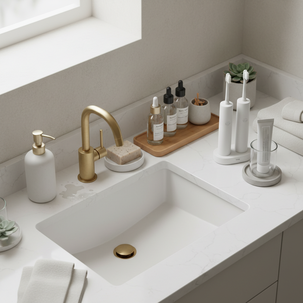 Bathroom counter zones with tray and toothbrush holder in small space