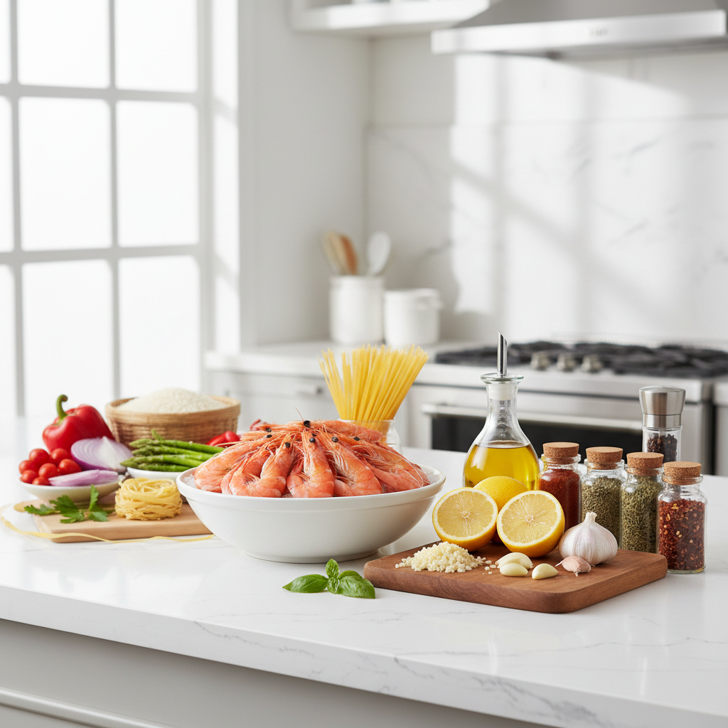 Easy shrimp dinner recipe ingredients on a weeknight kitchen counter