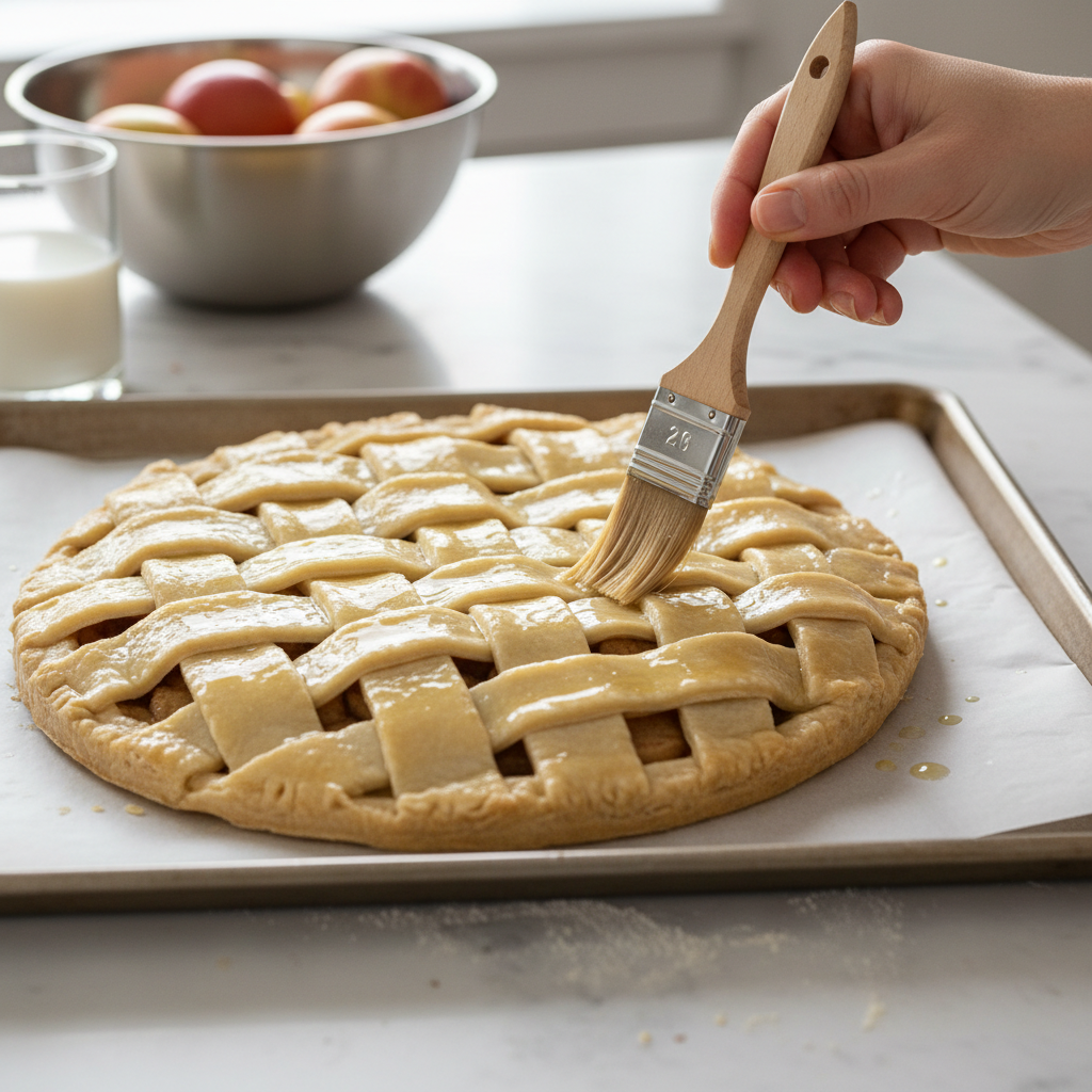 Apple pie lattice crust being brushed with egg wash before baking