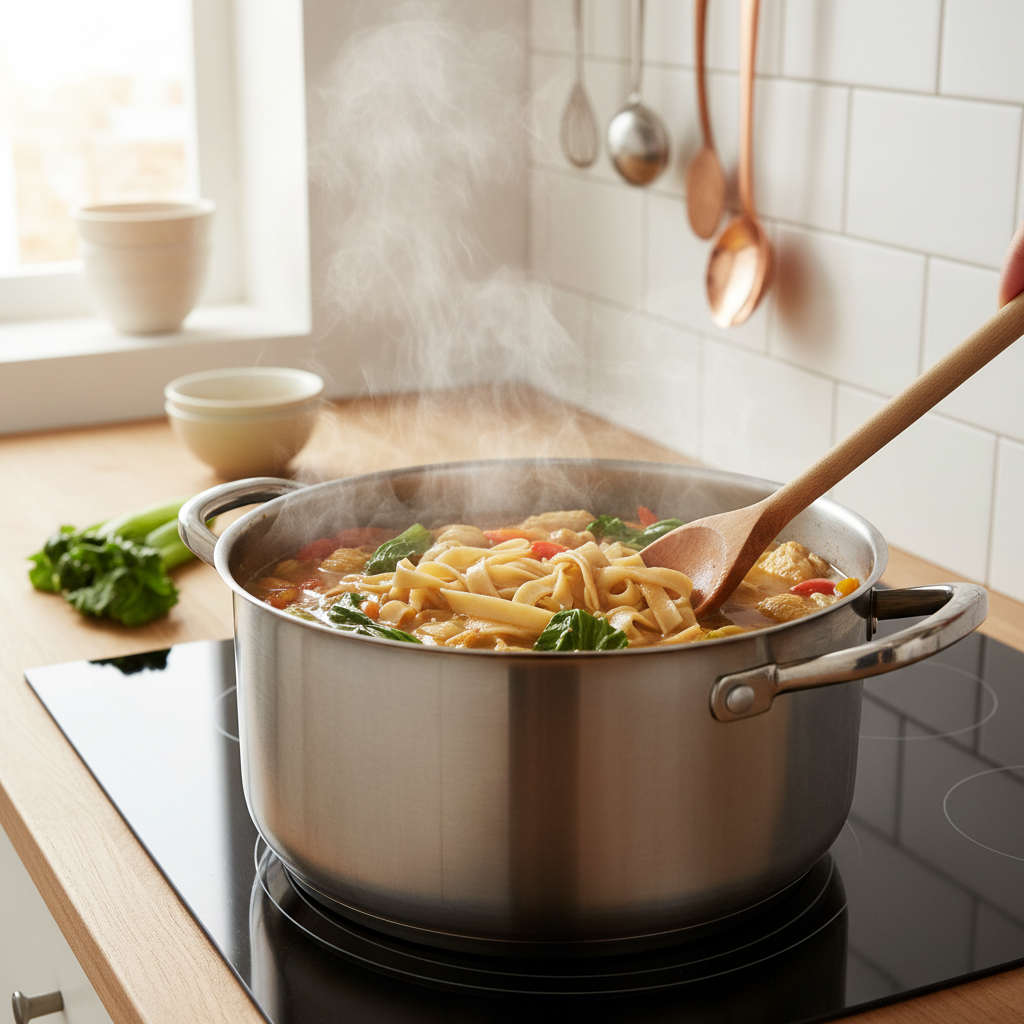 Cooking easy thukpa soup in a large pot on the stove with noodles and vegetables